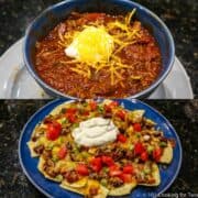 Chuck roast chili and chili nachos collage