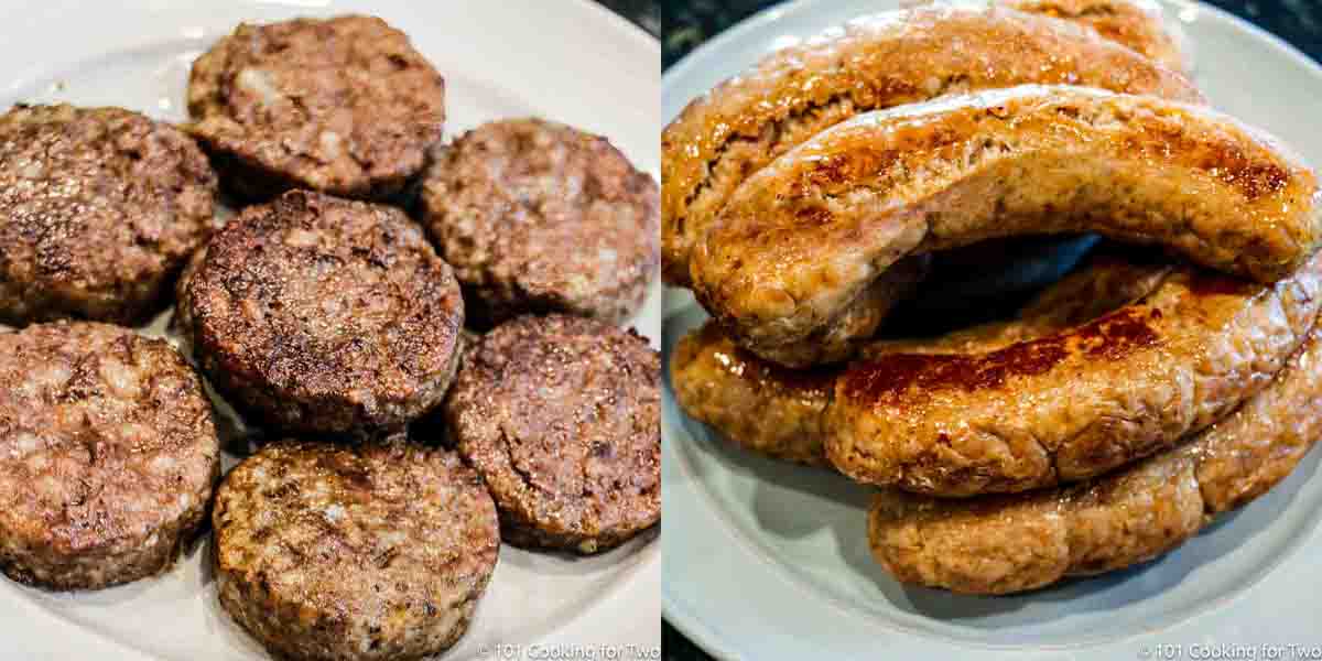 cooked sausage patties and links o plates