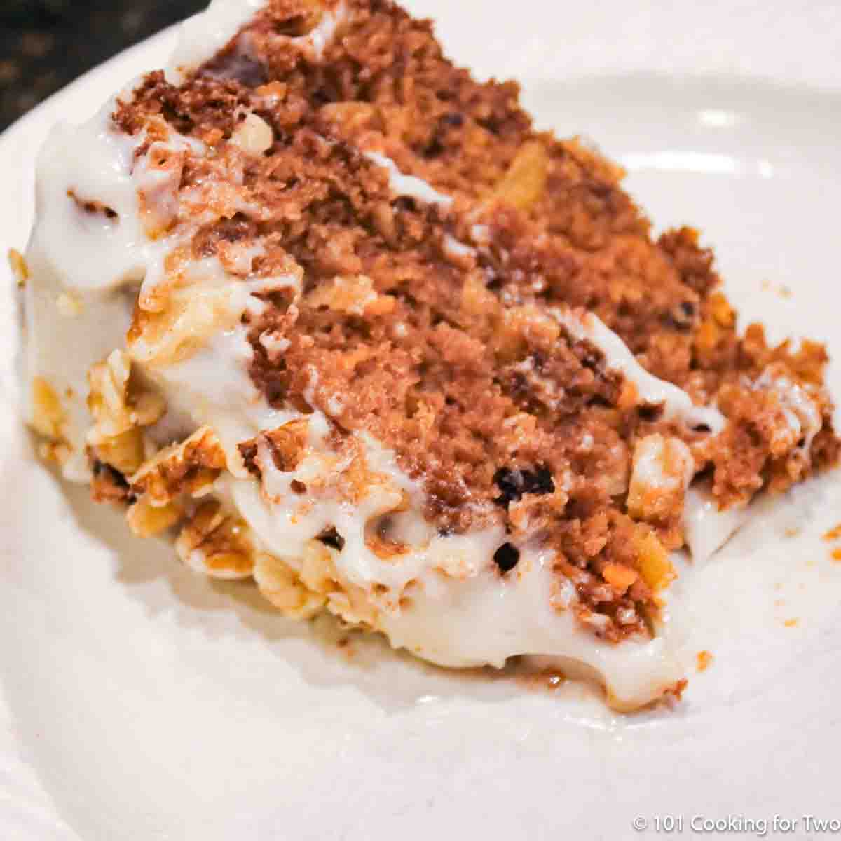 healthy carrot cake on white plate.