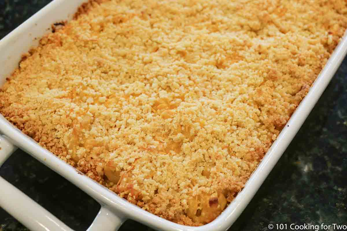 baked pan of mac and cheese with topping.