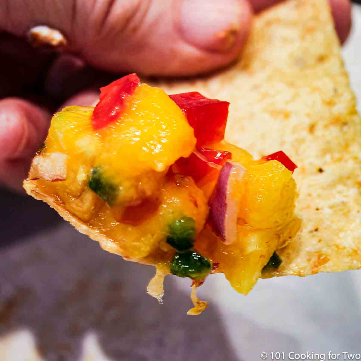pineapple mango salsa on tortilla chip.