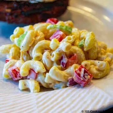 macaroni salad on a white plate