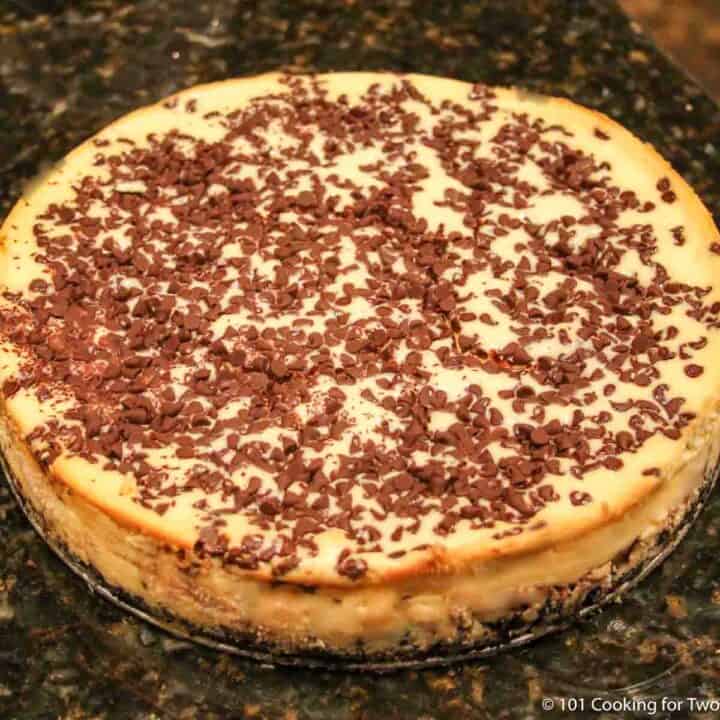 whole chocolate chip cheesecake out of pan