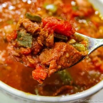 Texas style chili on a spoon.