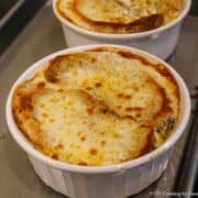 French onion soup with browned cheese.