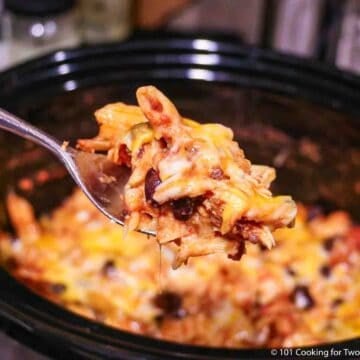 Mexican pasta casserole on a spoon.