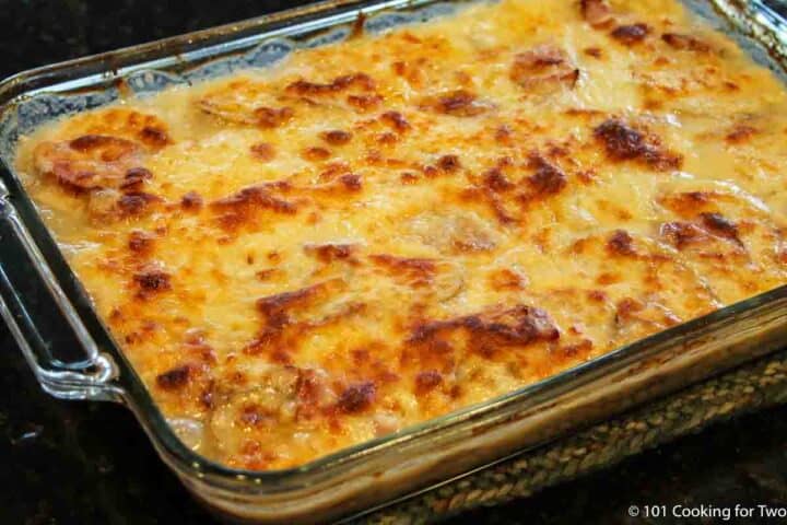 golden brown baked scallope pototoes.