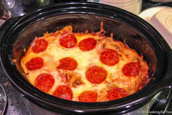 Browned crock pot pizza casserole.