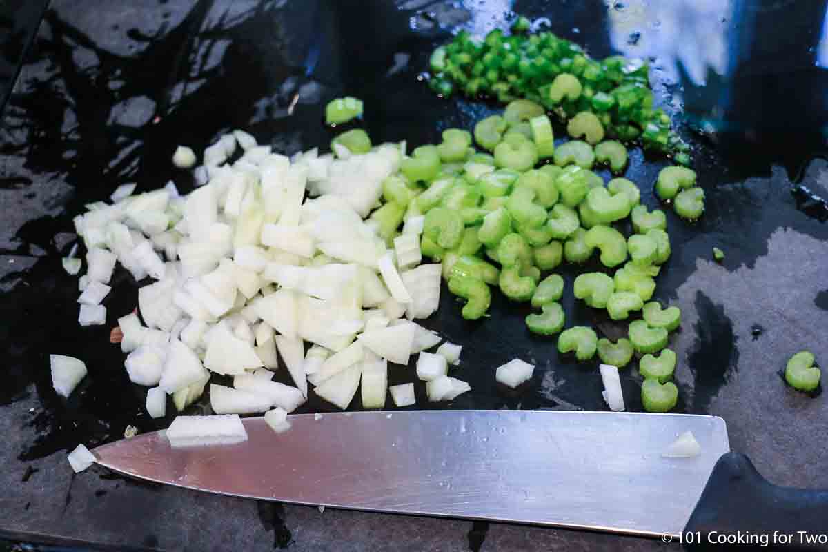 chop onion, celery, and jalapeno.