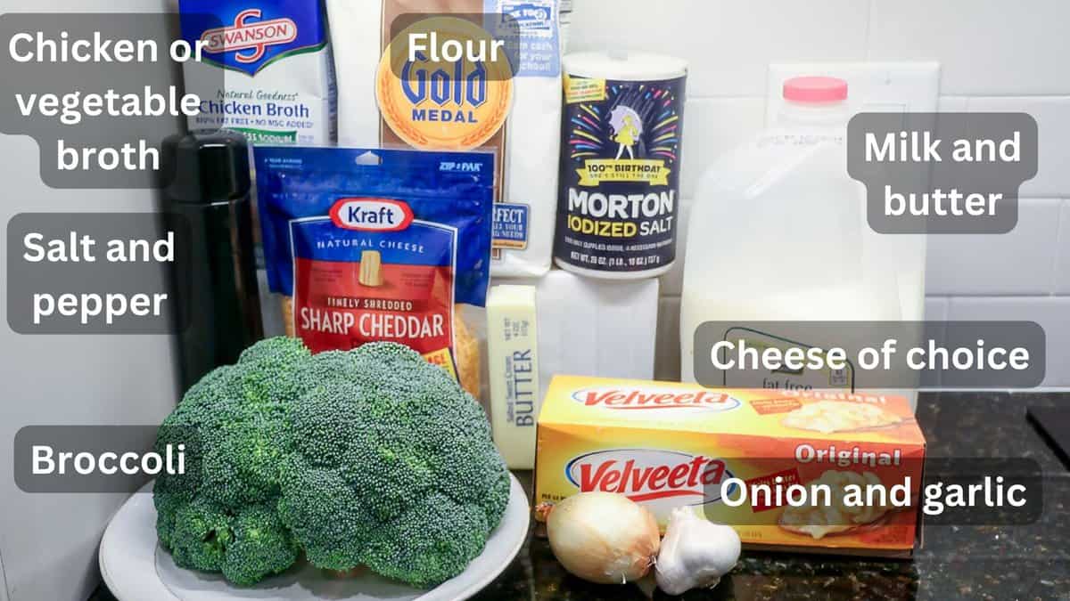 Labeled ingredients for broccoli cheese soup.