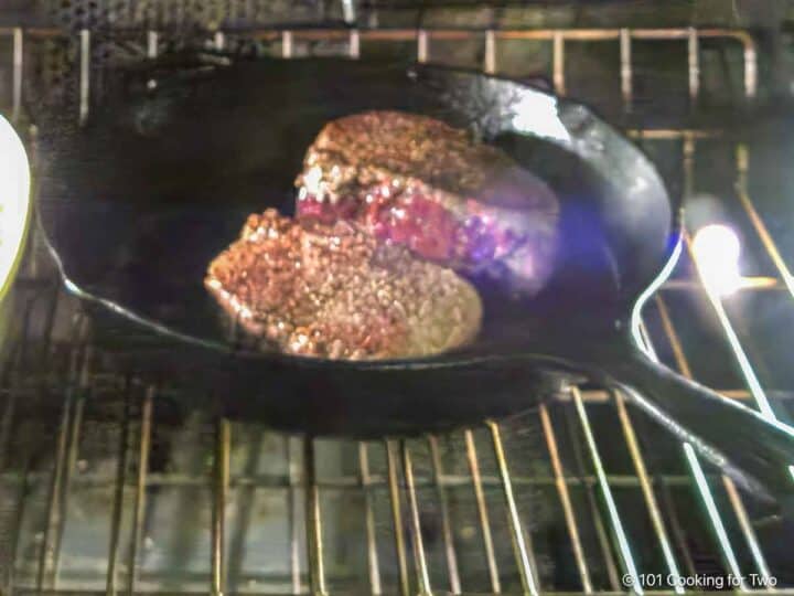 seared filets in the oven.