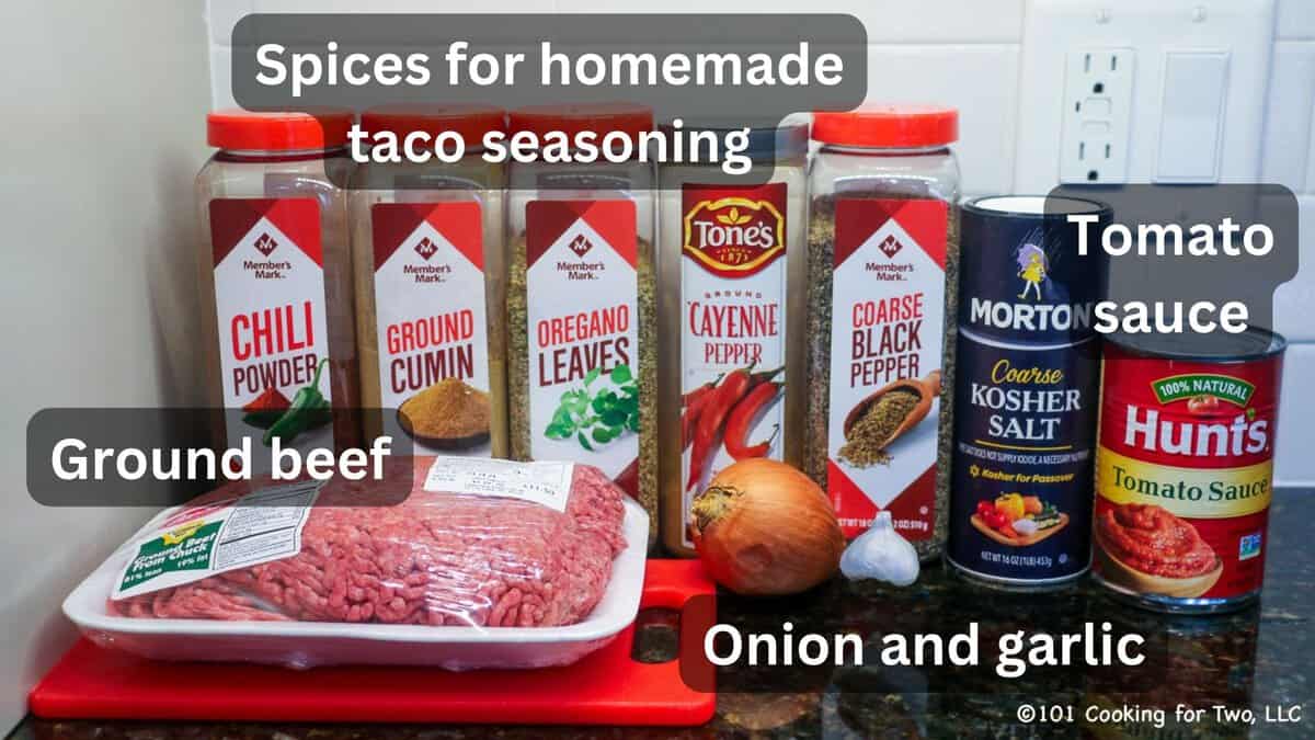 ground beef with seasoning for taco meat.