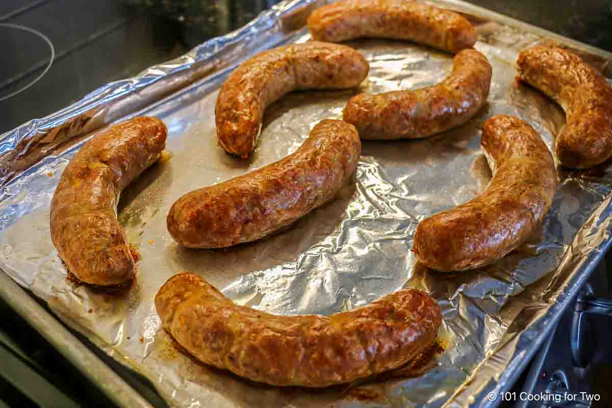cooked Italian sausage on tray.