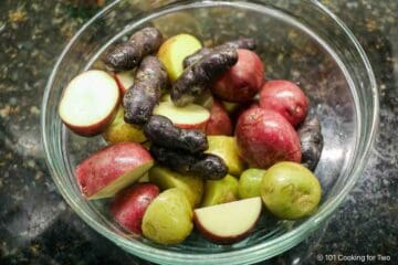 Trimmed small potatoes in a bowl.