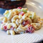 basic macaroni salad on a white plate.