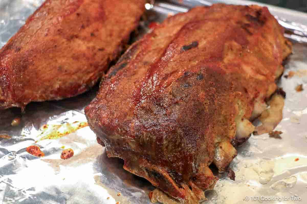finished ribs on baking sheet.