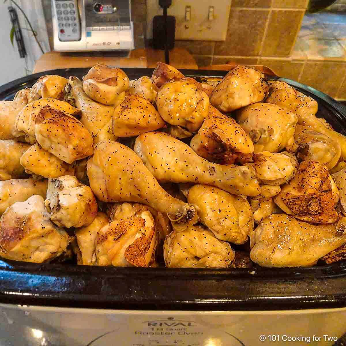 Chicken for a Hundred from 101 Cooking for Two Pile of cooked chicken ready for a large party.