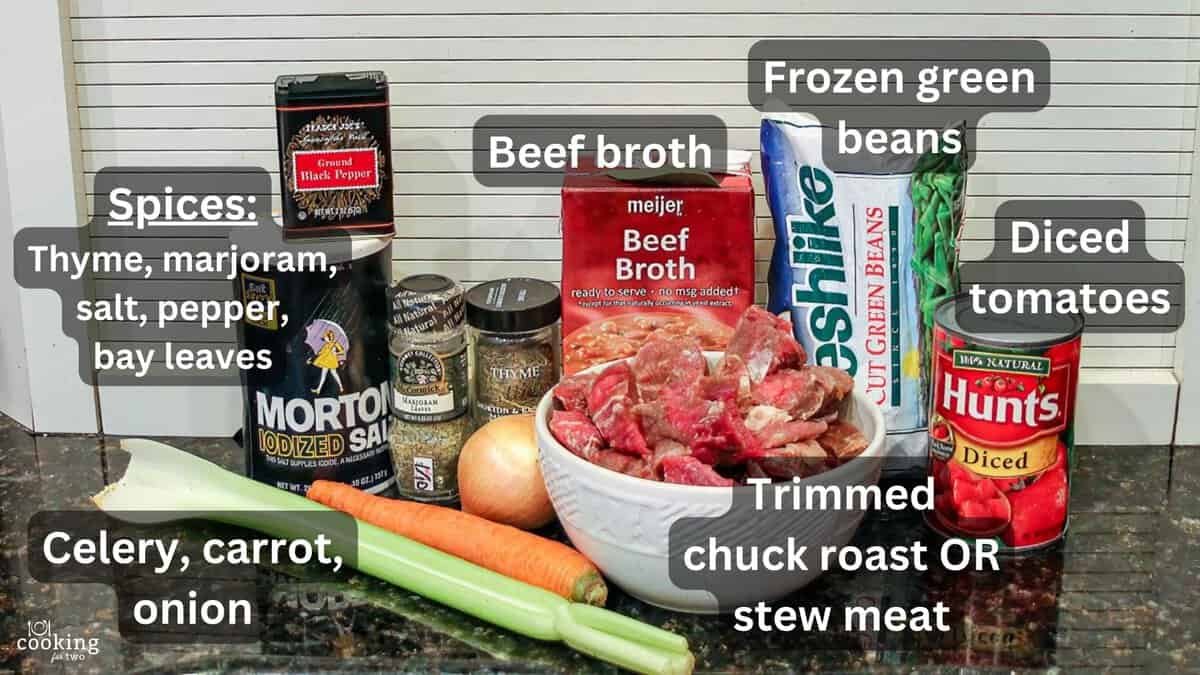Trimmed chuck roast with veggies and soup ingredients—labeled.