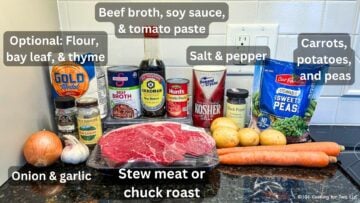 Chuck roast with stew ingredients—labeled.