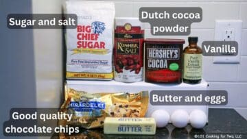Chocoate chips with eggs and cake ingredients—labeled.