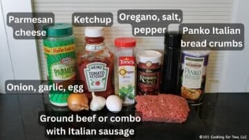 Ground meat with seasoning for meatballs—labeled.