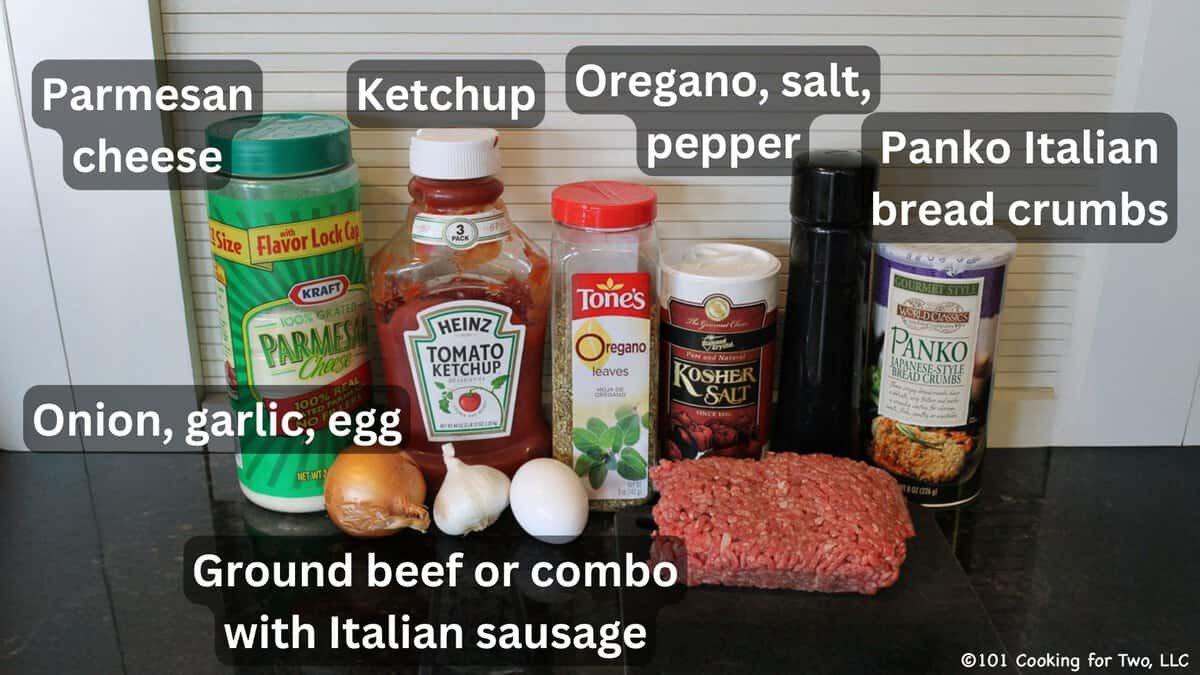Ground meat with seasoning for meatballs—labeled.