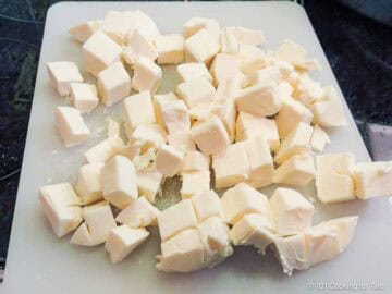 Cubes of mozzarella cheese.