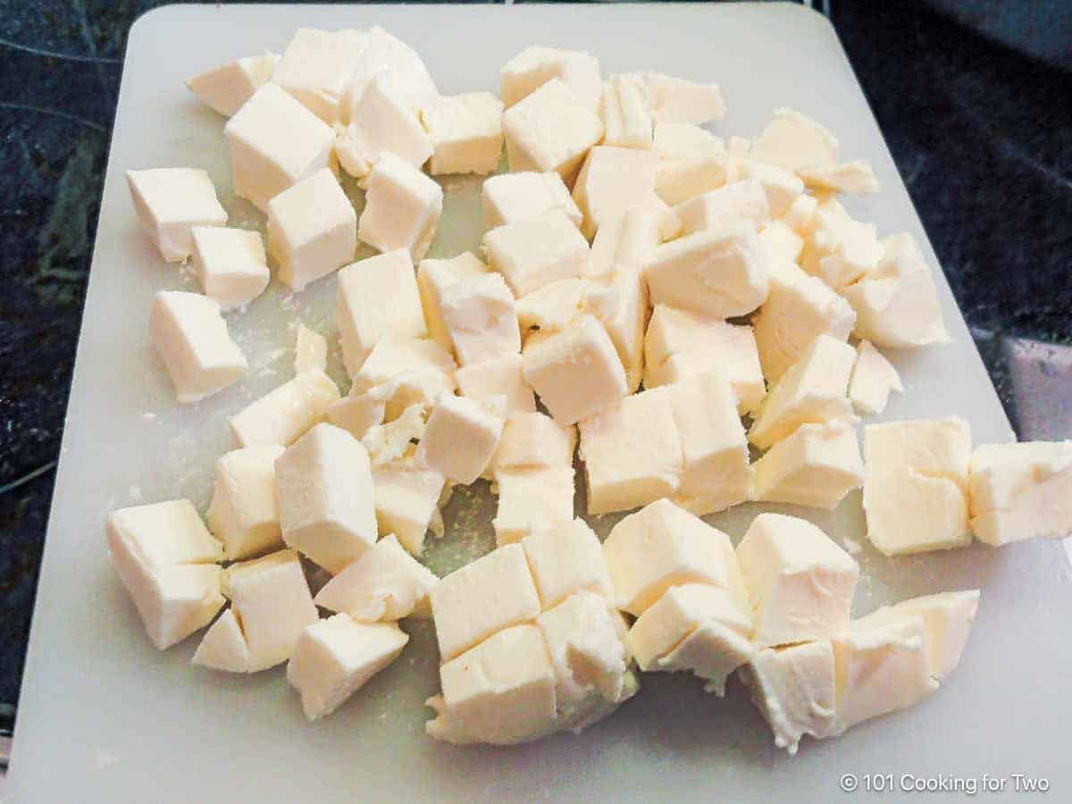 Cubes of mozzarella cheese.