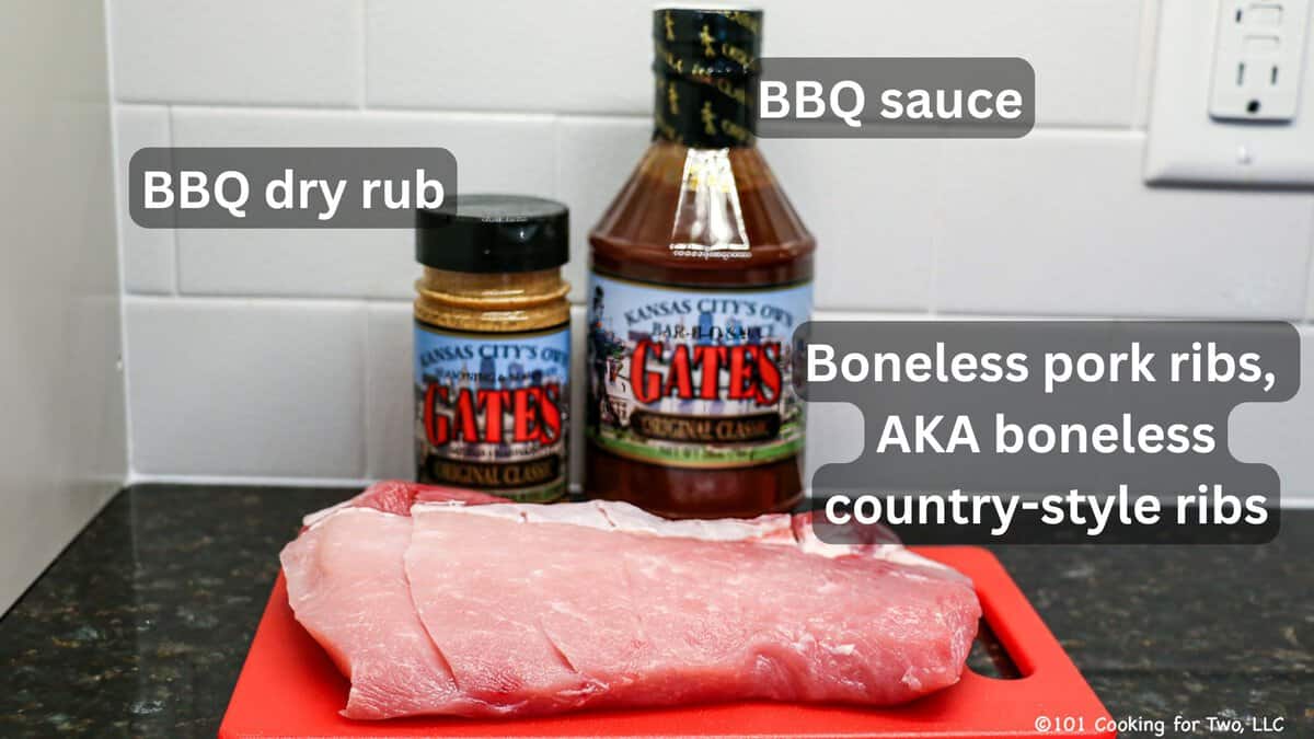 Boneless pork ribs with BBQ dry rub and sauce—labeled.
