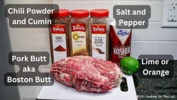 Pork butt with seasoning and a lime—labeled.