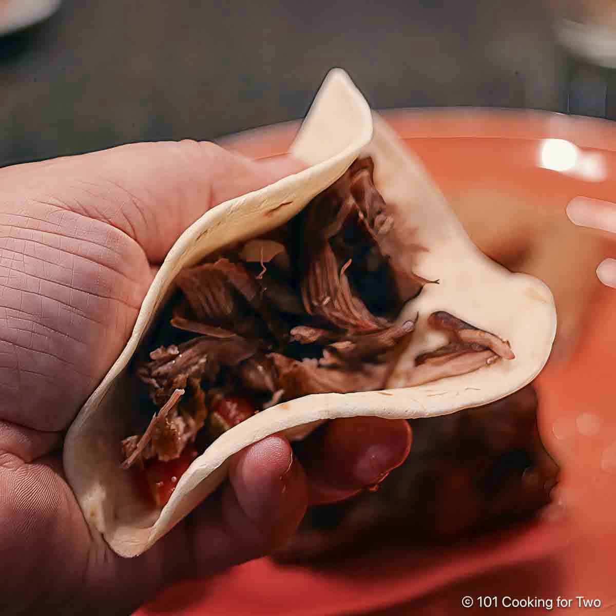 Shredded carnitas in a tortilla.