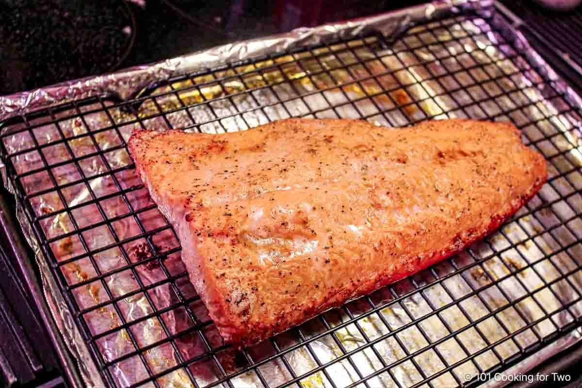 Baked salmon out of the oven.