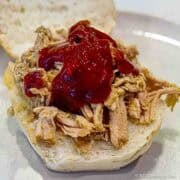 Pulled pork loin on a bun with BBQ sauce.