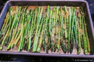 Roasted asparagus on the tray.