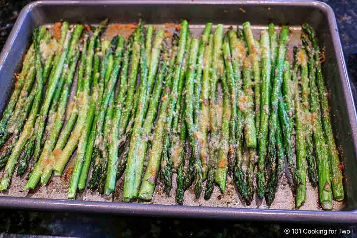 Roasted asparagus on the tray.