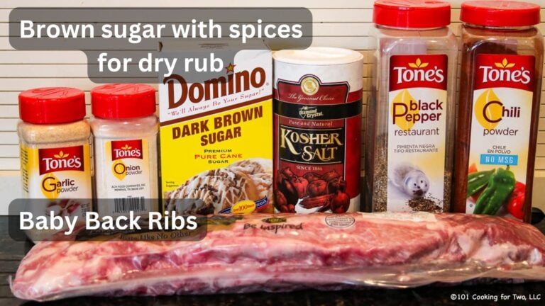 Baby back ribs with BBQ dry rub ingredients—labeled.