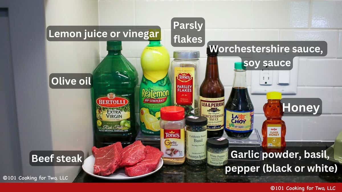 Ingredients for steak kabob marinade—labeled.
