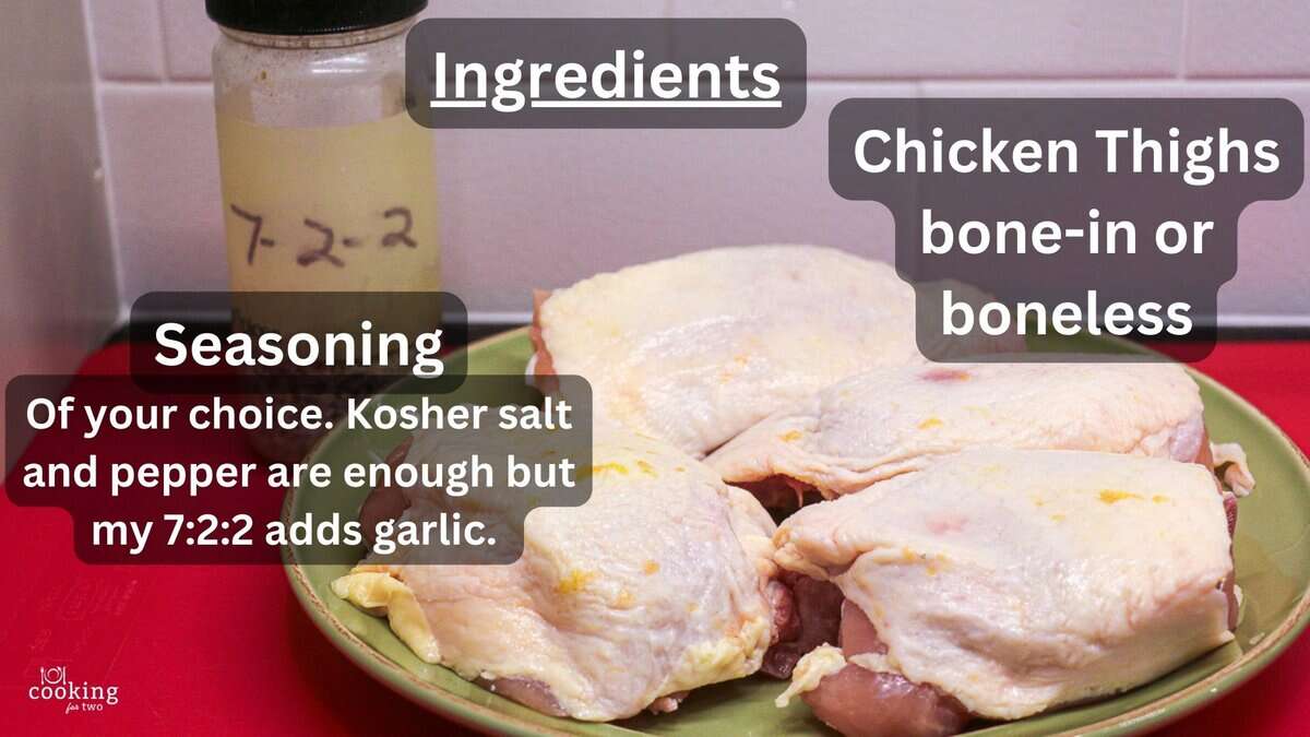Raw chicken thighs with seasoning—labeled.