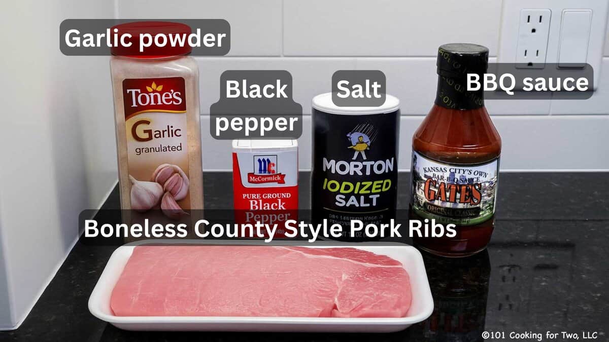 Boneless pork ribs with seasoning and BBQ sauce, partly AI edited—labeled.