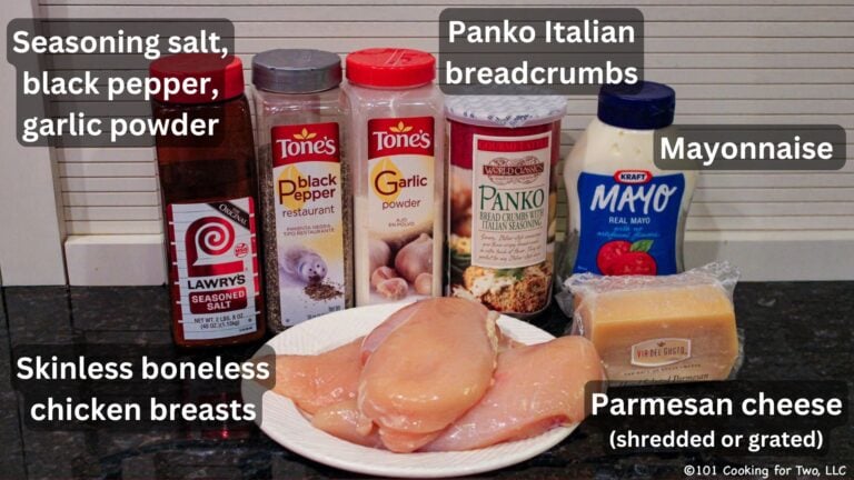 Chicken breasts with seasoning and breadcrumbs—labeled.