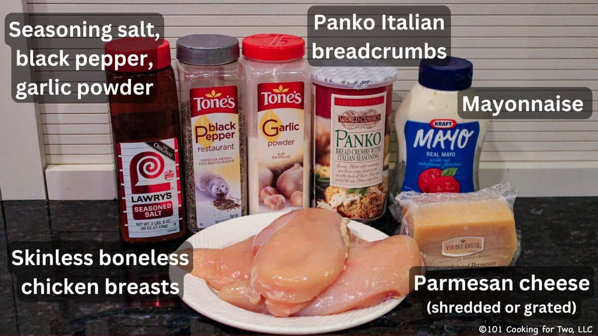 Chicken breasts with seasoning and breadcrumbs—labeled.