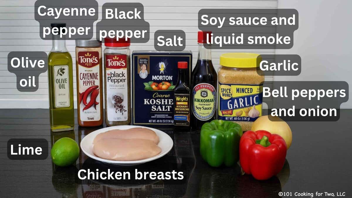 Chicken wiith veggies and seasoniongs—labeled.