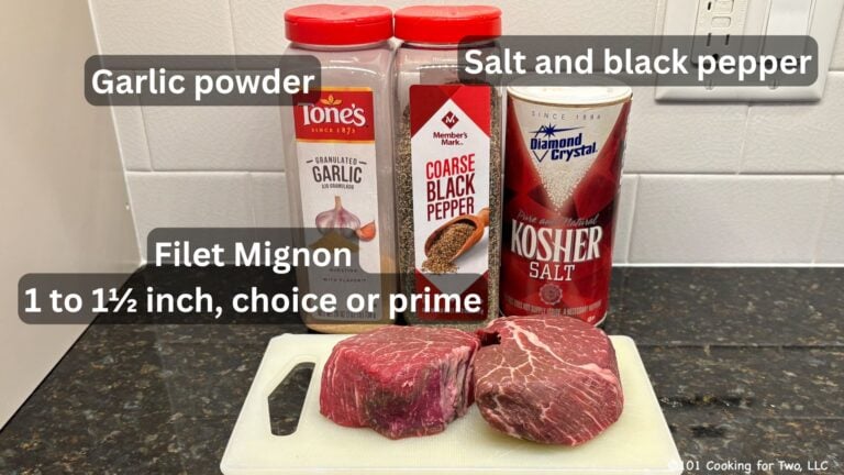 Filet mignon with seasonings—labeled.