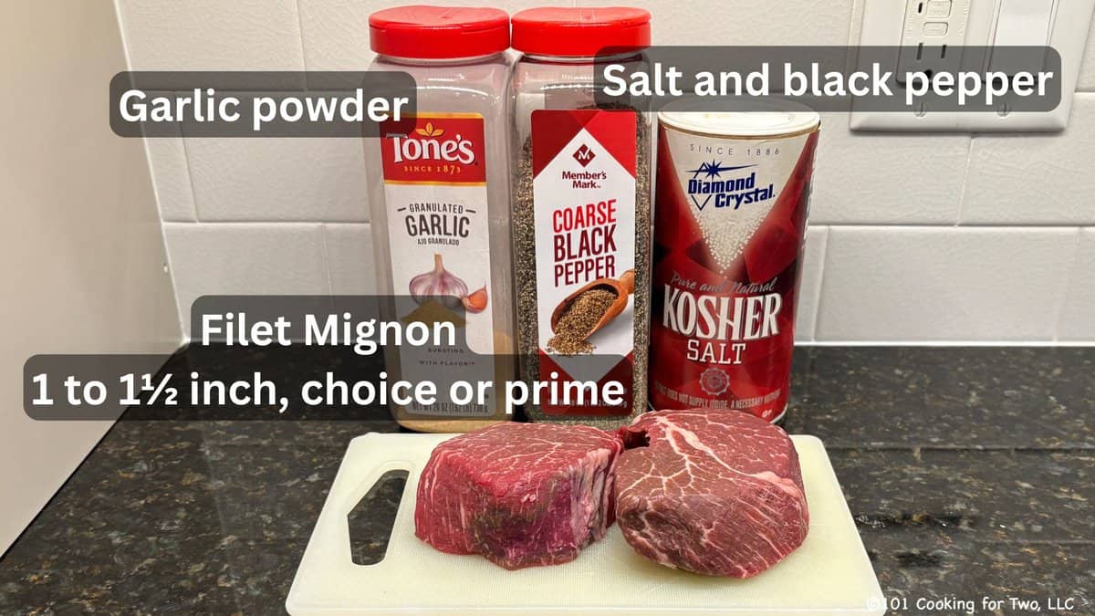Filet mignon with seasonings—labeled.