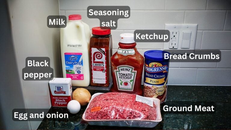 Ground meat with egg and meat loaf ingredients—labeled.