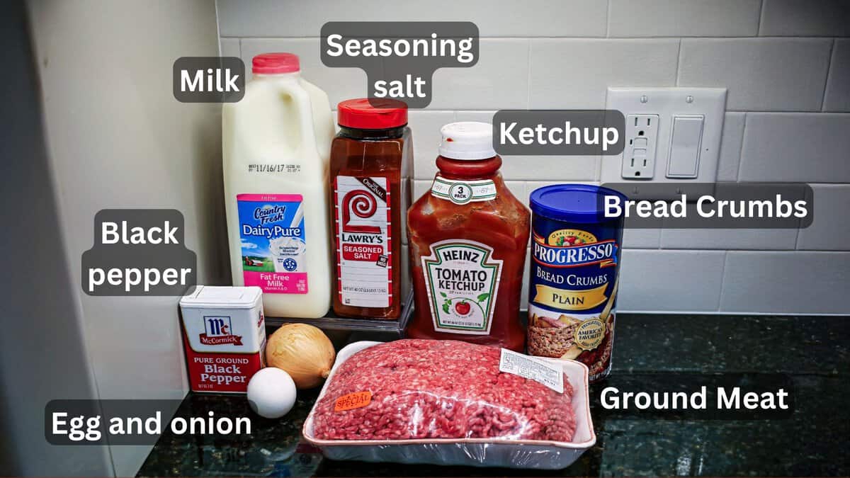 Ground meat with egg and meat loaf ingredients—labeled.