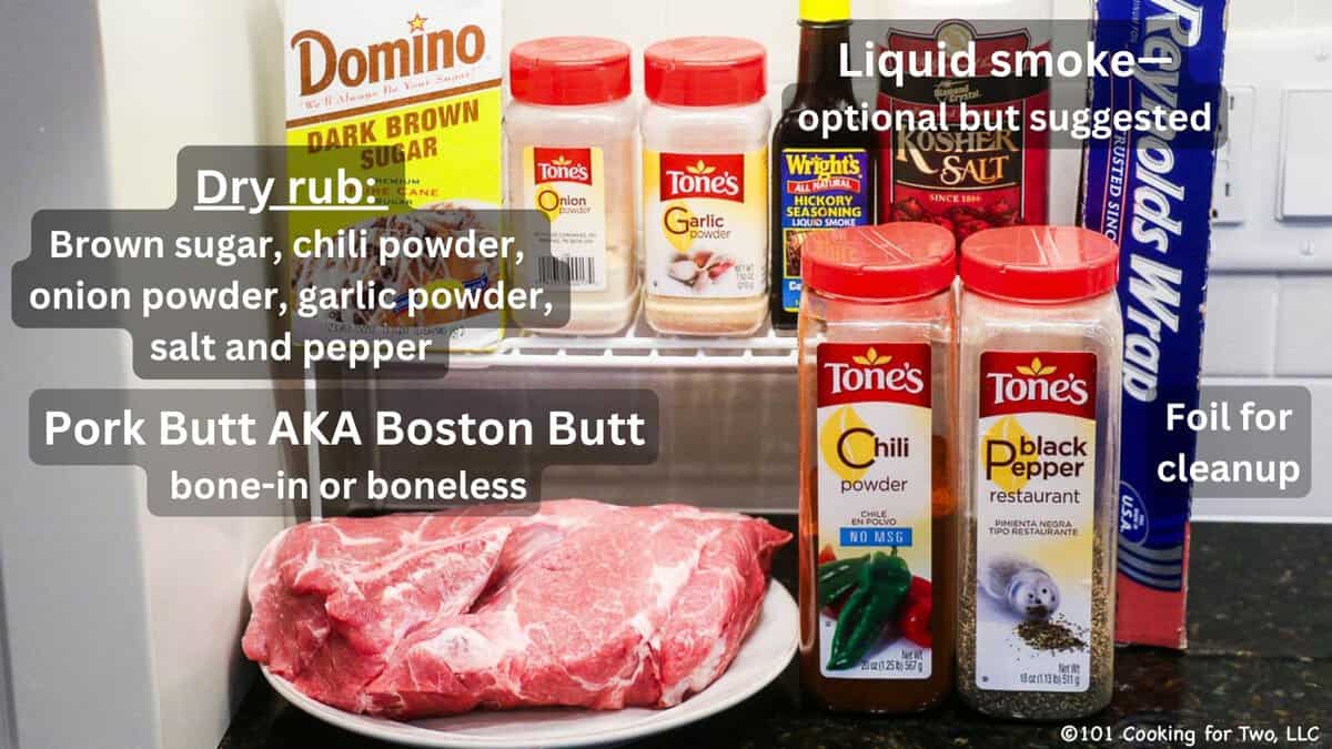 Pork butt with rub ingredients—labeled.