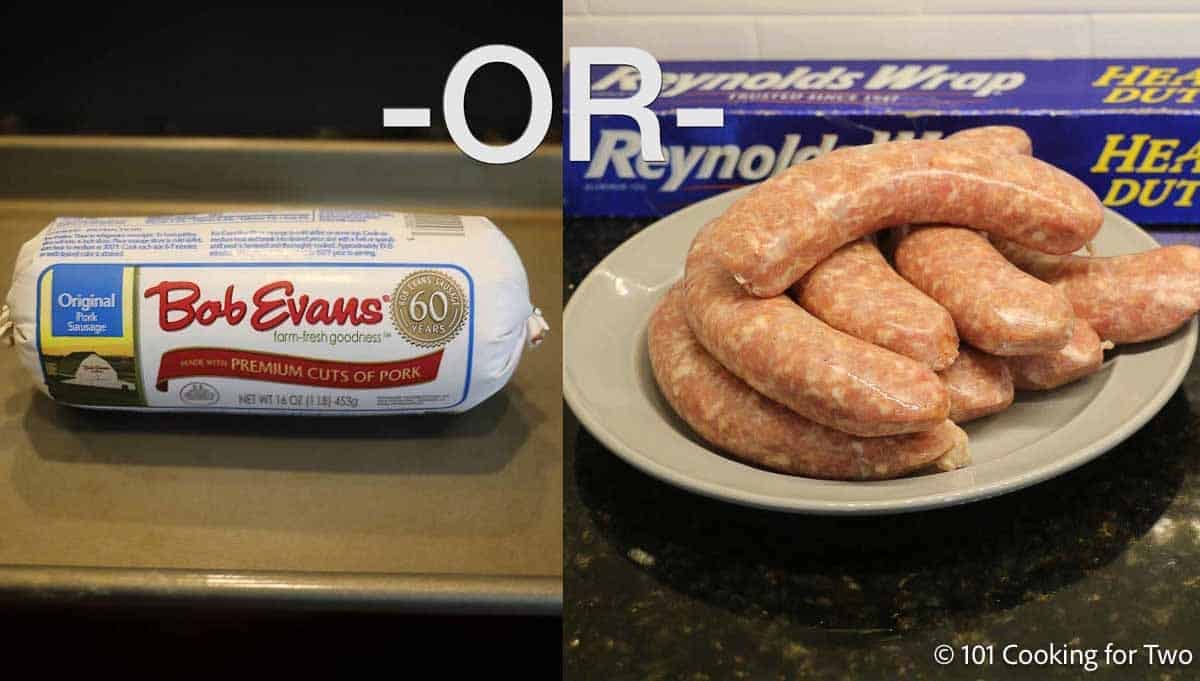 Raw breakfast sausage roll and uncooked Italian sausages on a tray.