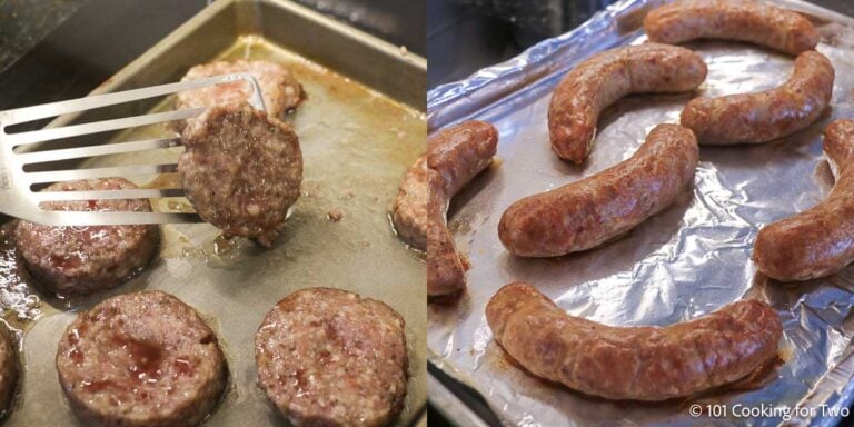 Flipping sausage halfway through cooking.