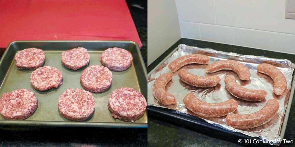 speading sausage patties and links on prepared trays,